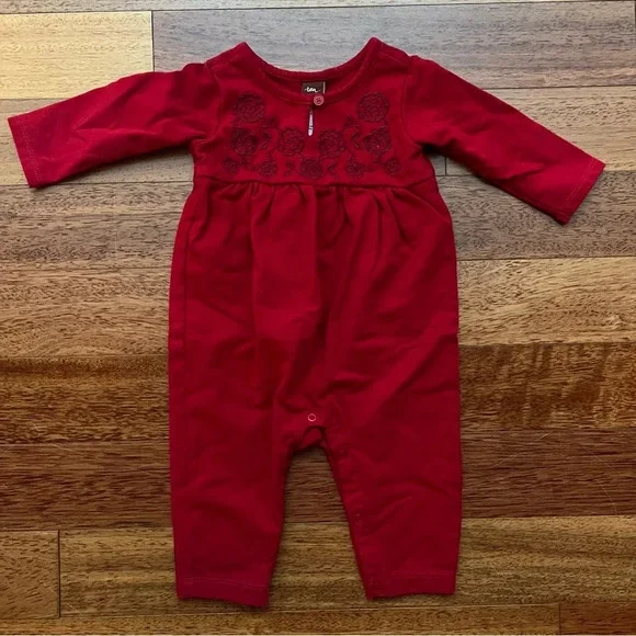 Tea Collection Red Rose Floral Romper, Size 3-6 Months - Picture 1 of 7